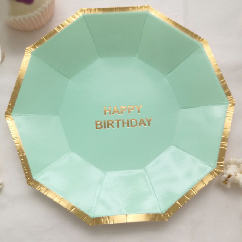 8PCs Golden Rim Happy Birthday Decagon Paper Plates 9 inch