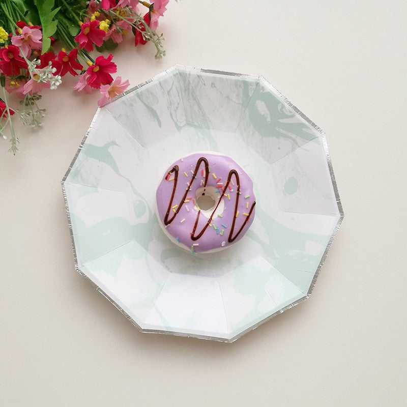 Green Marble Silver Edge Disposable Tableware Set Paper Plates Cups Party Supplies
