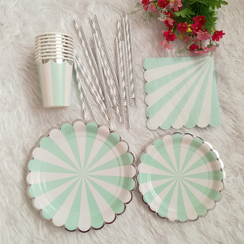 Silver Rim Mint Green Stripe Party Supplies Decorations Paper Plates and Cups and Napkins Sets