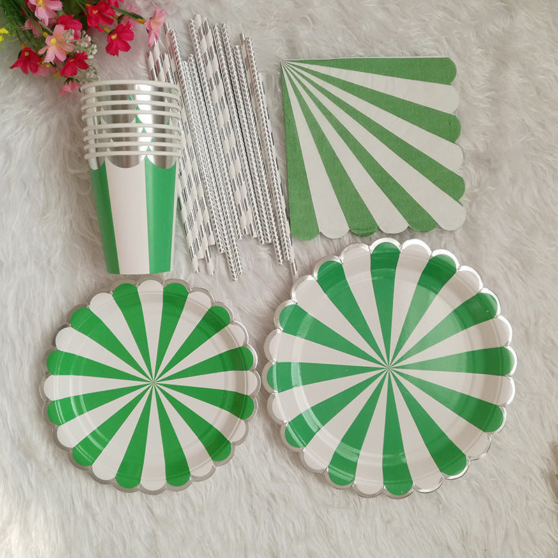 Silver Rim Green Party Supplies Paper Plates and Cups and Napkins Sets
