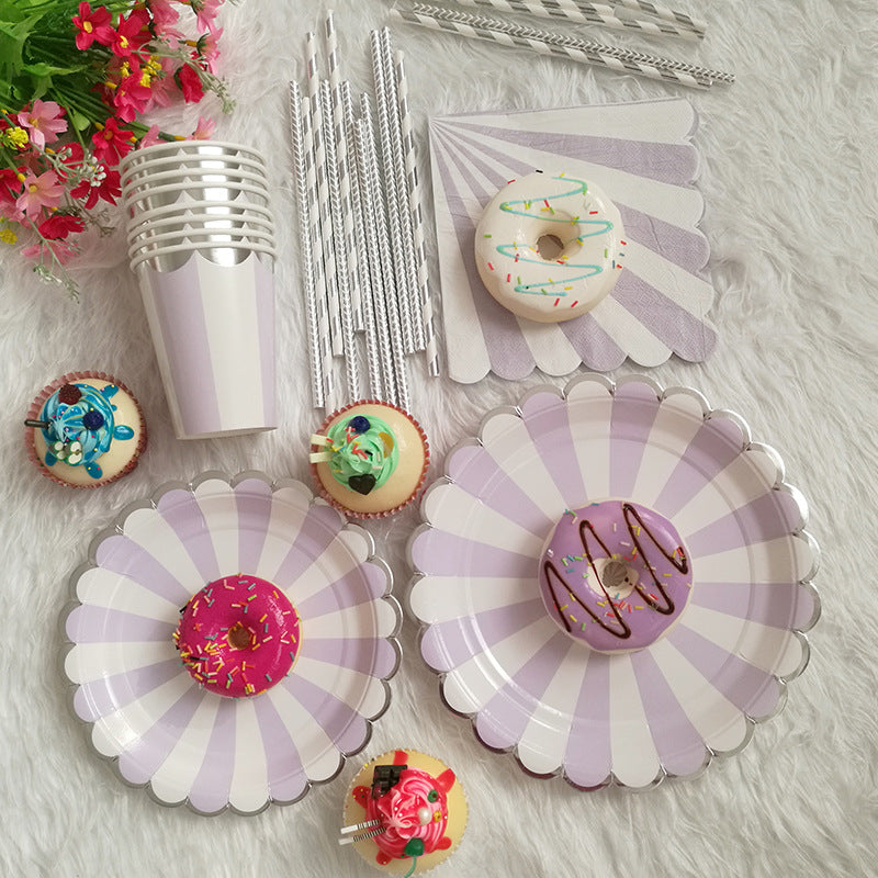 Silver Rim Purple Stripe Party Supplies Decorations Paper Plates and Cups and Napkins Sets
