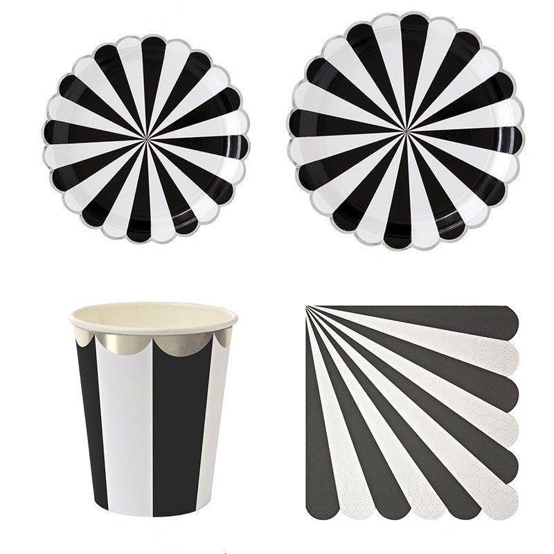Black Striped Party Supplies Tableware Disposable Paper Plates Cups Napkins Set
