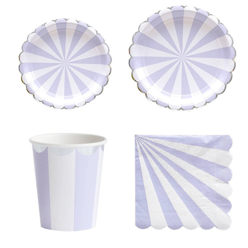 Silver Rim Purple Stripe Party Supplies Decorations Paper Plates and Cups and Napkins Sets