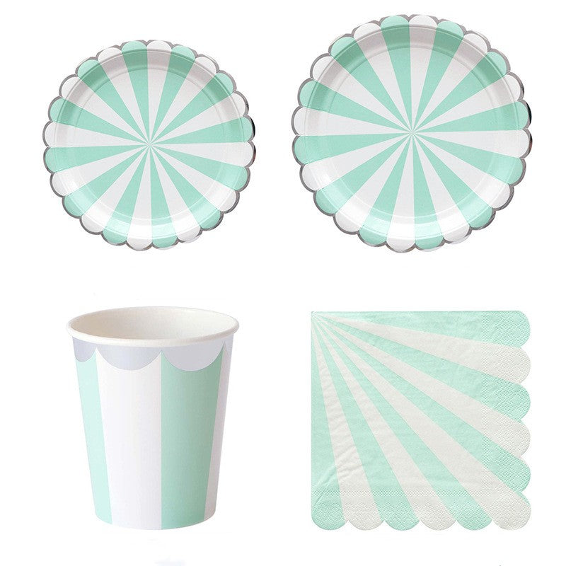 Silver Rim Mint Green Stripe Party Supplies Decorations Paper Plates and Cups and Napkins Sets