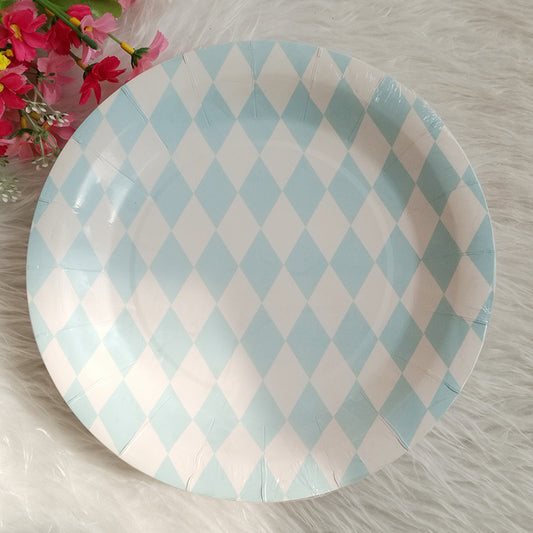 Blue White Rhombus Paper Plates Cups Napkins Tableware for Dinner Picnic Wedding Birthday Party Supplies Disposable Plates