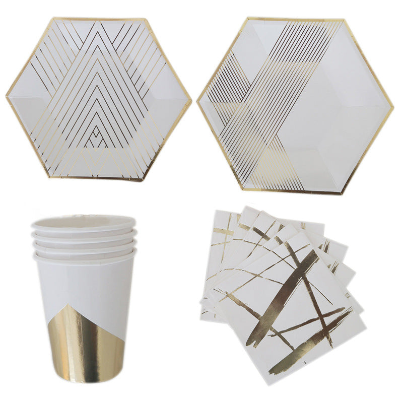 40PCs Modern Style Gold Rim Disposable Paper Tableware Set Birthday Wedding Decoration Geometric Paper Plates Cups Napkin Party Supplies