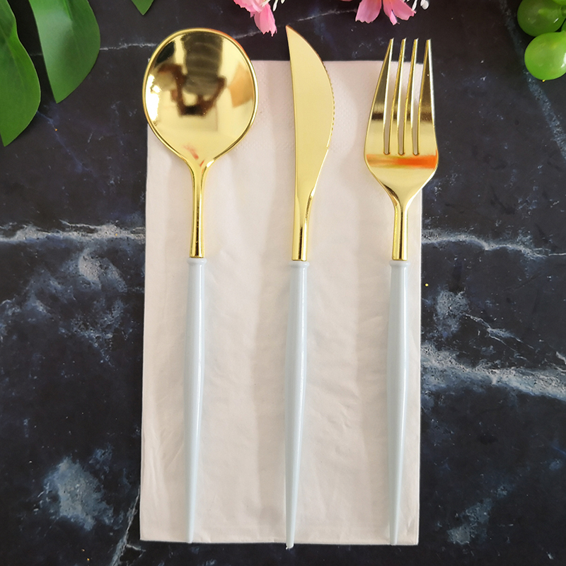 4PCs Fashion Golden Silver Dinnerware Plastic Disposable Cutlery Knife Forks Spoons Napkin Tableware Set Wedding Baby Shower Birthday Party Supplies Decorations