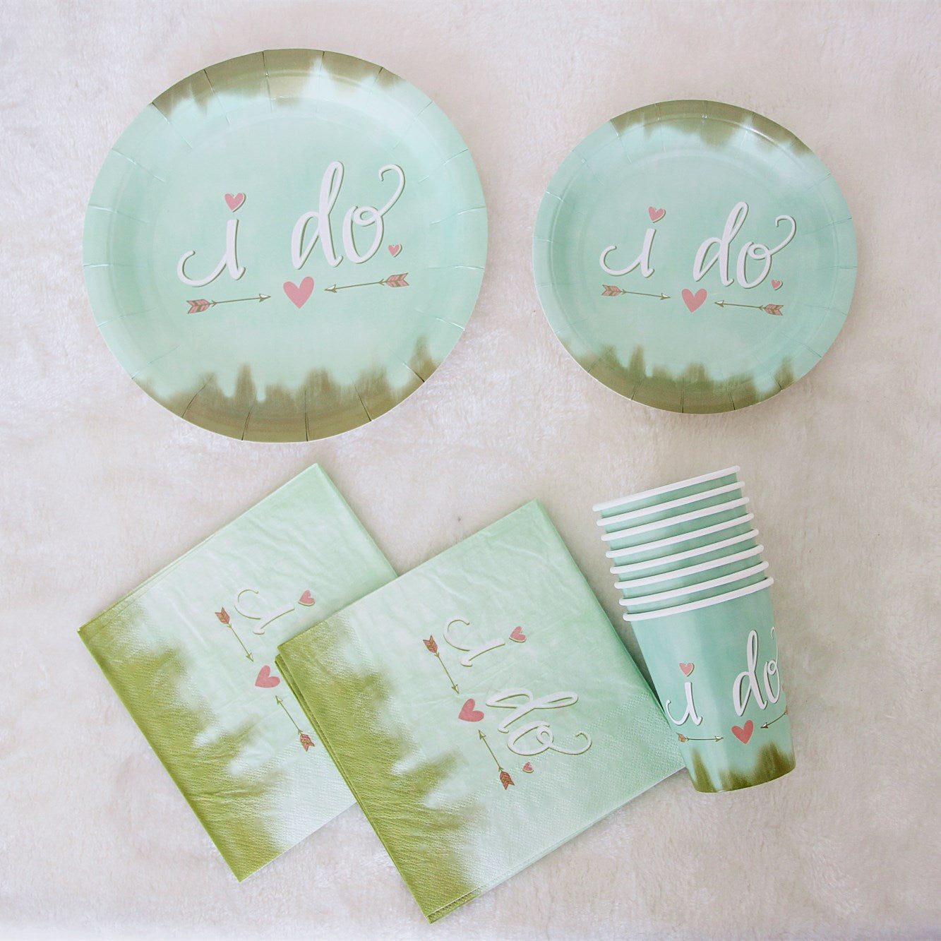 40PCs Love I Do Green Disposable Paper Tableware Set for Wedding Party Decoration Paper Plates Cups Napkin Supplies