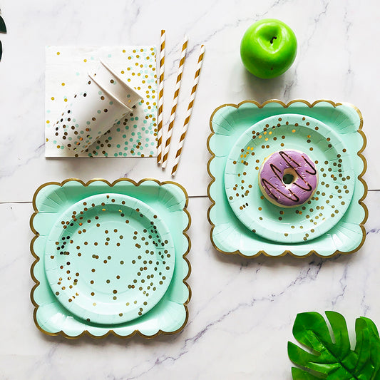 New 40PCs Fashion Dots Green Disposable Paper Tableware Set for Birthday Wedding Baby Shower Decorations Paper Plates Cups Napkin Party Supplies
