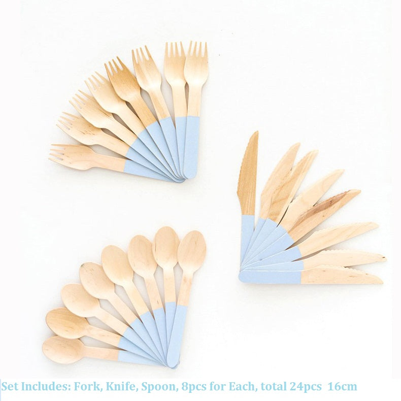 24PCs/Box Birch Wooden Disposable Cutlery Knife Forks Spoons Tableware Set Wedding Baby Shower Birthday Party Supplies Decorations