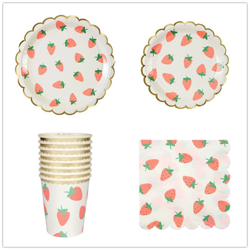 8PCs Strawberry Lemon Paper Cups 270ml Disposable Tableware Summer Spring Birthday Party Supplies