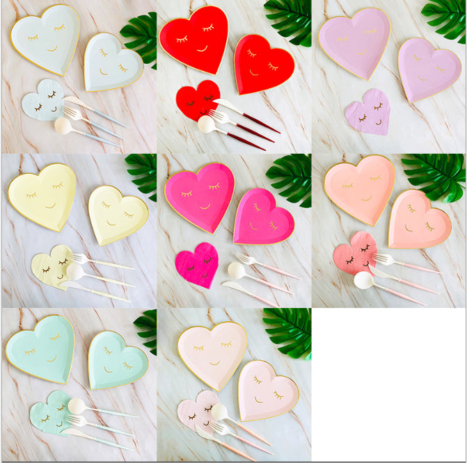 40PCs Heart Shape Disposable Paper Tableware Set for Birthday Wedding Decoration Paper Plates Cups Napkin Party Supplies
