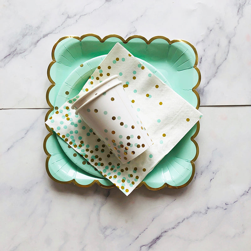New 40PCs Fashion Dots Green Disposable Paper Tableware Set for Birthday Wedding Baby Shower Decorations Paper Plates Cups Napkin Party Supplies
