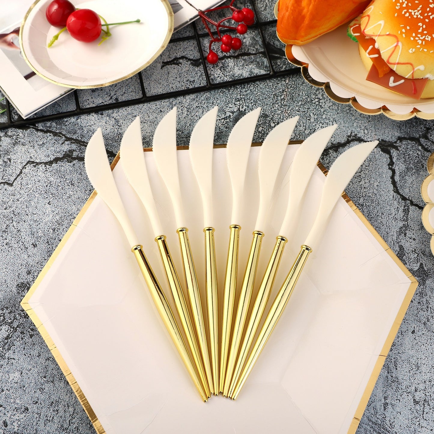 Golden White 8PCs Disposable Cutlery 20cm Plastic Knife Forks Spoons Party Supplies Decoration For Camping BBQ Wedding Outdoor Birthday