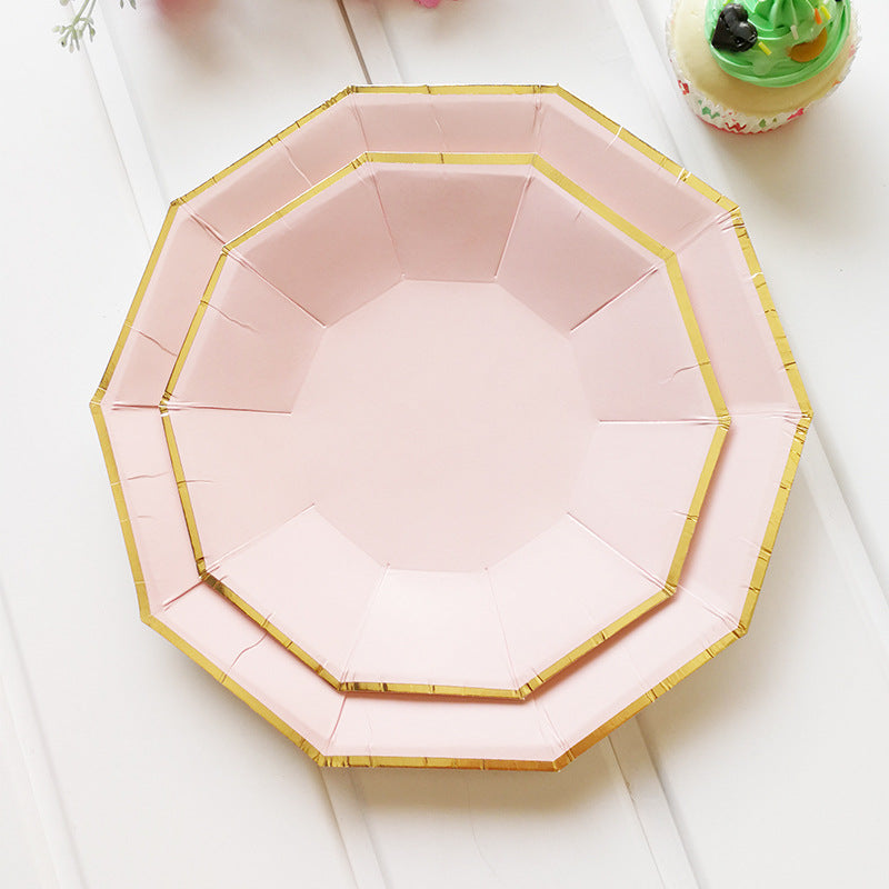 Gold Edge Decagon Pink Disposable Paper Tableware Set for Birthday Wedding Baby Shower Decoration Paper Plates Cups Party Supplies