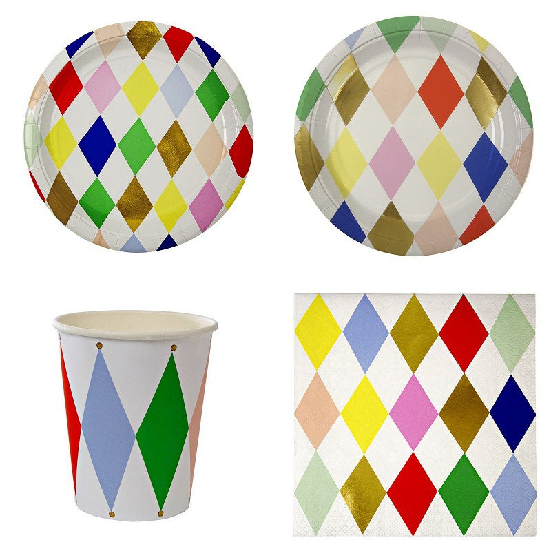 Colorful Diamond Disposable Paper Tableware Set Birthday Wedding Decoration Paper Plates Cups Napkins Party Supplies