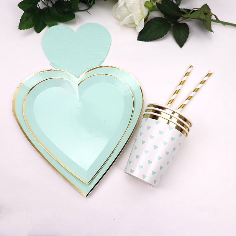 Green Love Heart Party Plates and Cups and Napkins Sets Tableware Set for 8