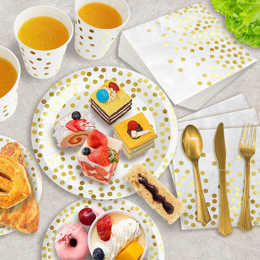 Golden Dots Disposable Paper Tableware Set Birthday Wedding Decoration Paper Plates Cups Napkins Party Supplies