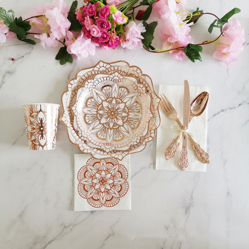 Rose Gold Flower Modern Paper Plates Cups Napkins Disposable Tableware Party Decoration Supplies Plates