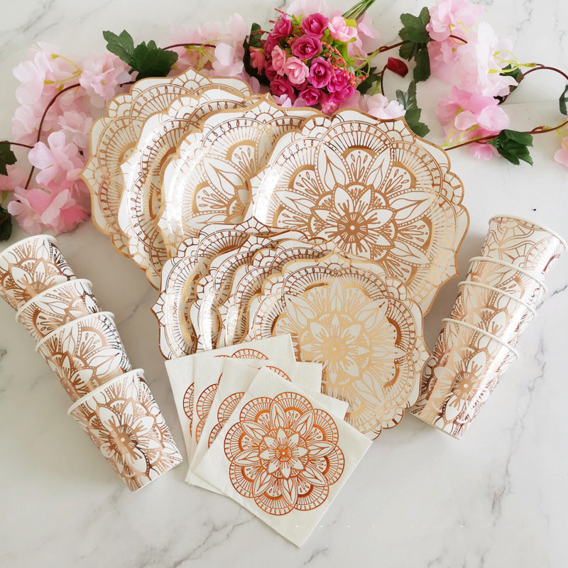 Rose Gold Flower Modern Paper Plates Cups Napkins Disposable Tableware Party Decoration Supplies Plates