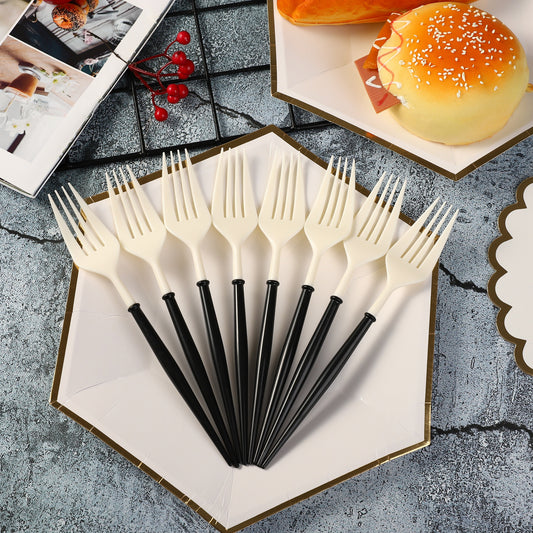 8PCs Black White Plastic Disposable Cutlery Knife Forks Spoons Tableware Set Wedding Birthday Party Supplies Decorations