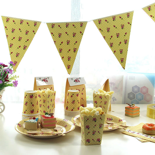 Rose Flower Party Supplies Yellow Paper Plates Cups Napkin Cutlery Banner Flags