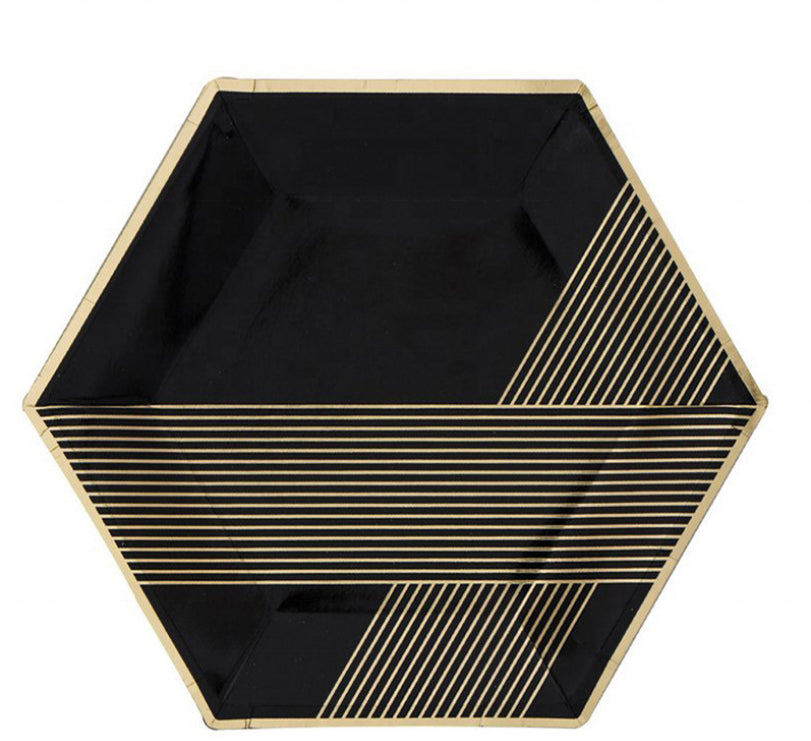 40PCs Golden Stripe Black Disposable Paper Tableware Set for Birthday Wedding Decoration Paper Plates Cups Napkin Party Supplies