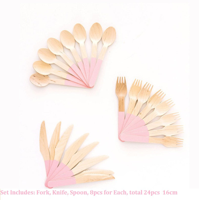 24PCs/Box Birch Wooden Disposable Cutlery Knife Forks Spoons Tableware Set Wedding Baby Shower Birthday Party Supplies Decorations