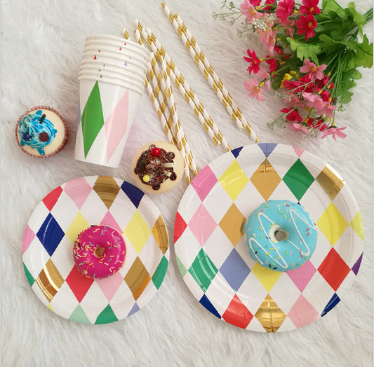 49PCs Colorful Rhombus Disposable Paper Tableware Set for Birthday Wedding Baby Shower Decoration Paper Plates Cups Straws Party Supplies