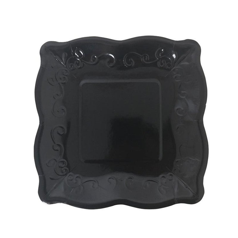 8PCs Square Luncheon Dinner Serving Black Paper Plates Disposable Embossed Floral Retro Party Plate