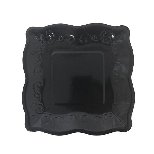 8PCs Square Luncheon Dinner Serving Black Paper Plates Disposable Embossed Floral Retro Party Plate