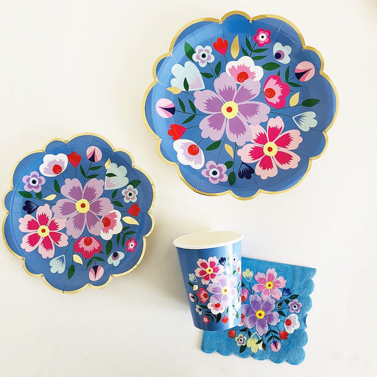 Floral Disposable Paper Tableware Set for Birthday Wedding Decoration Blue Paper Plates Cups Napkins Sets