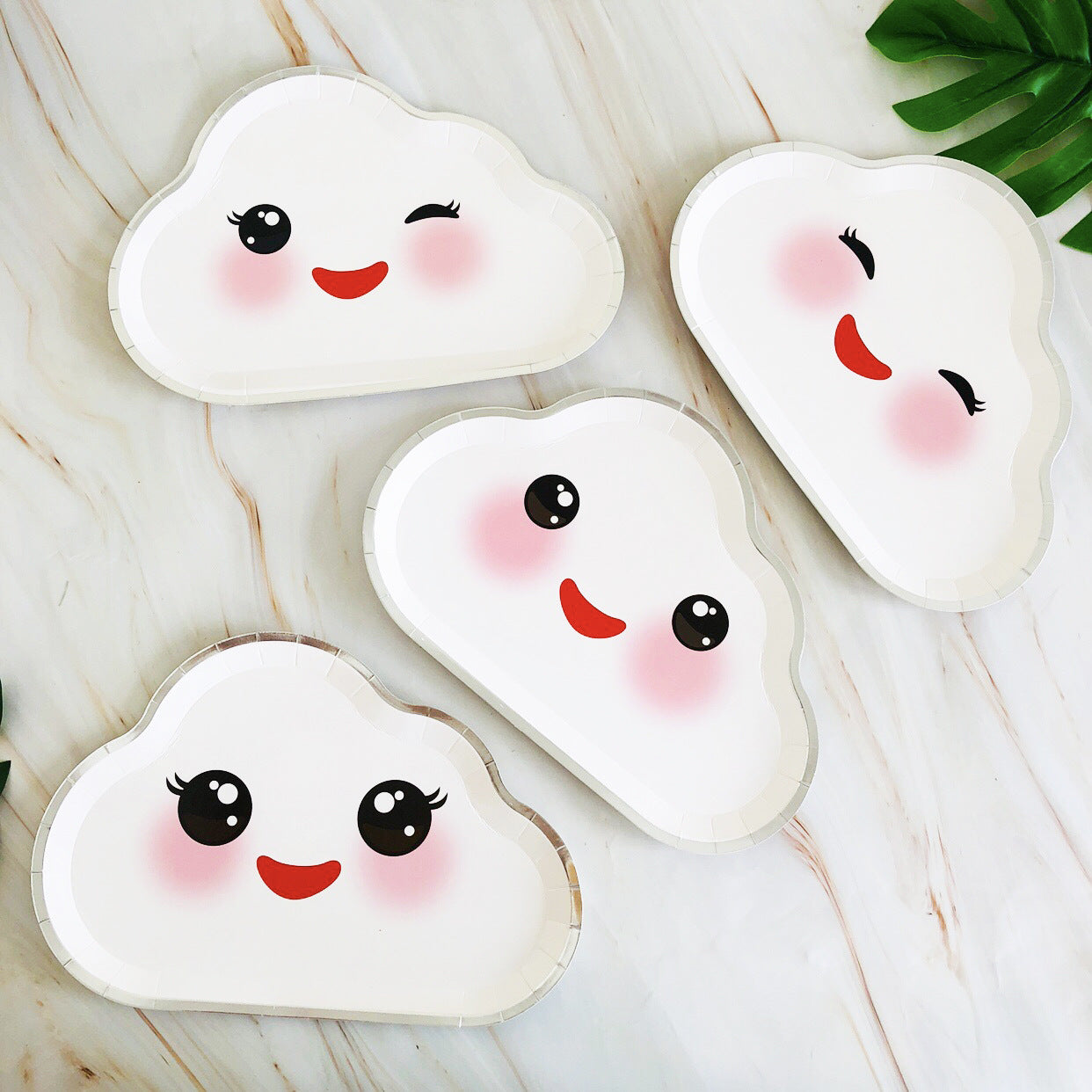 8PCs White Cloud Happy Face Paper Plates Disposable Party Supply