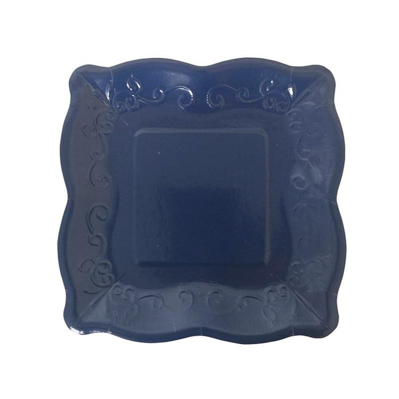 8PCs Square Luncheon Dinner Serving Dark Blue Paper Plates Disposable Embossed Floral Retro Party Plate