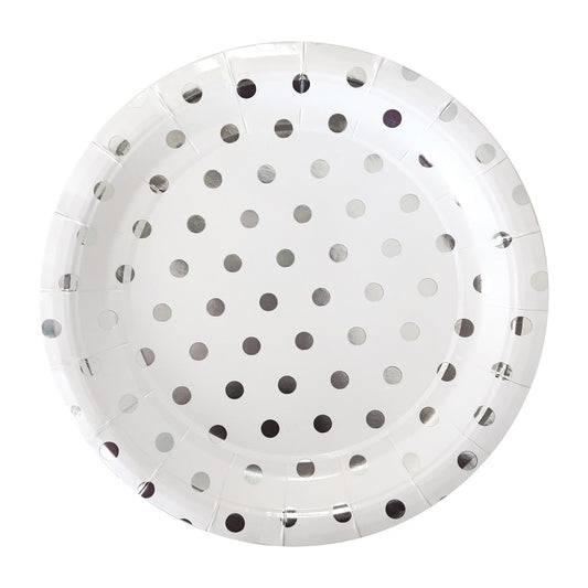 Silver Dots Paper Plates 9 inch Disposable Party Supplies Set of 8