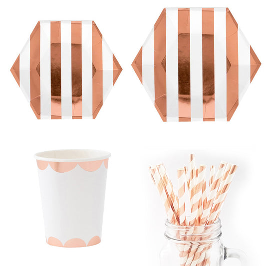 Rose Gold Striped Hexagon Party Plates and Cups and Napkins Sets Disposable Tableware Set