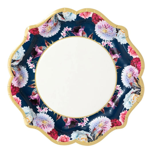 8PCs Flower Navy Blue Paper Plates 8.6 inch Party Tableware Dessert Dinner Plate