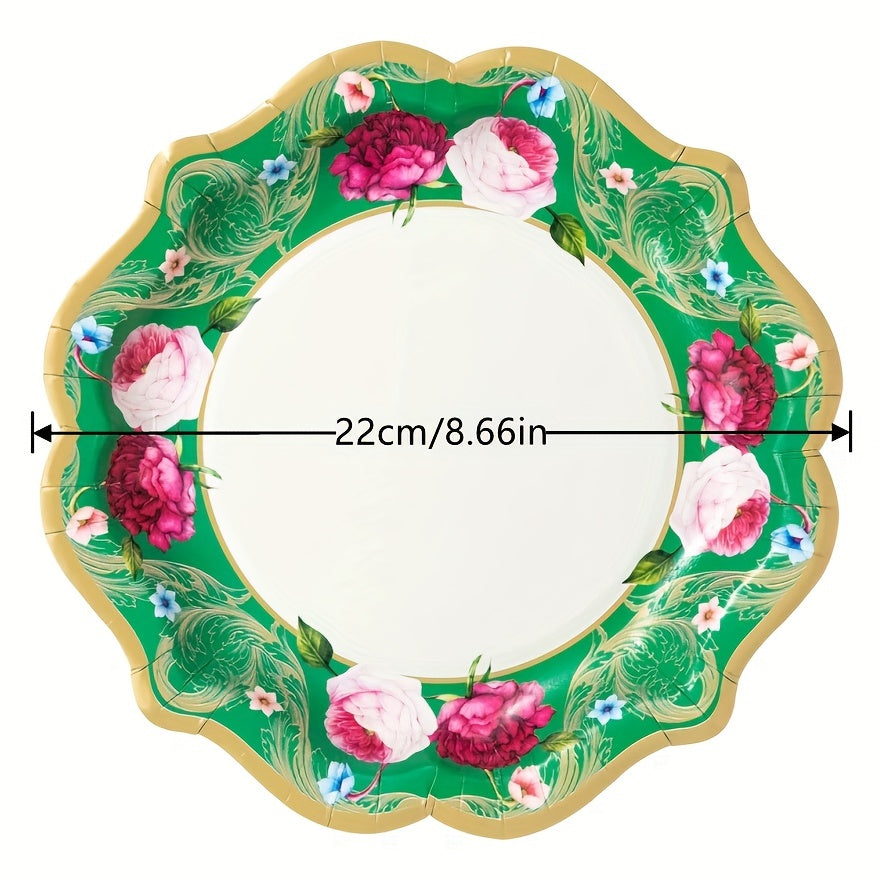 8PCs Chinese Style Flower Green Paper Plates 8.6 inch Dinner Plate