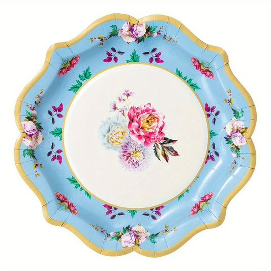 8PCs Chinese Style Flower Blue Paper Plates 8.6 inch Party Dessert Dinner Plate