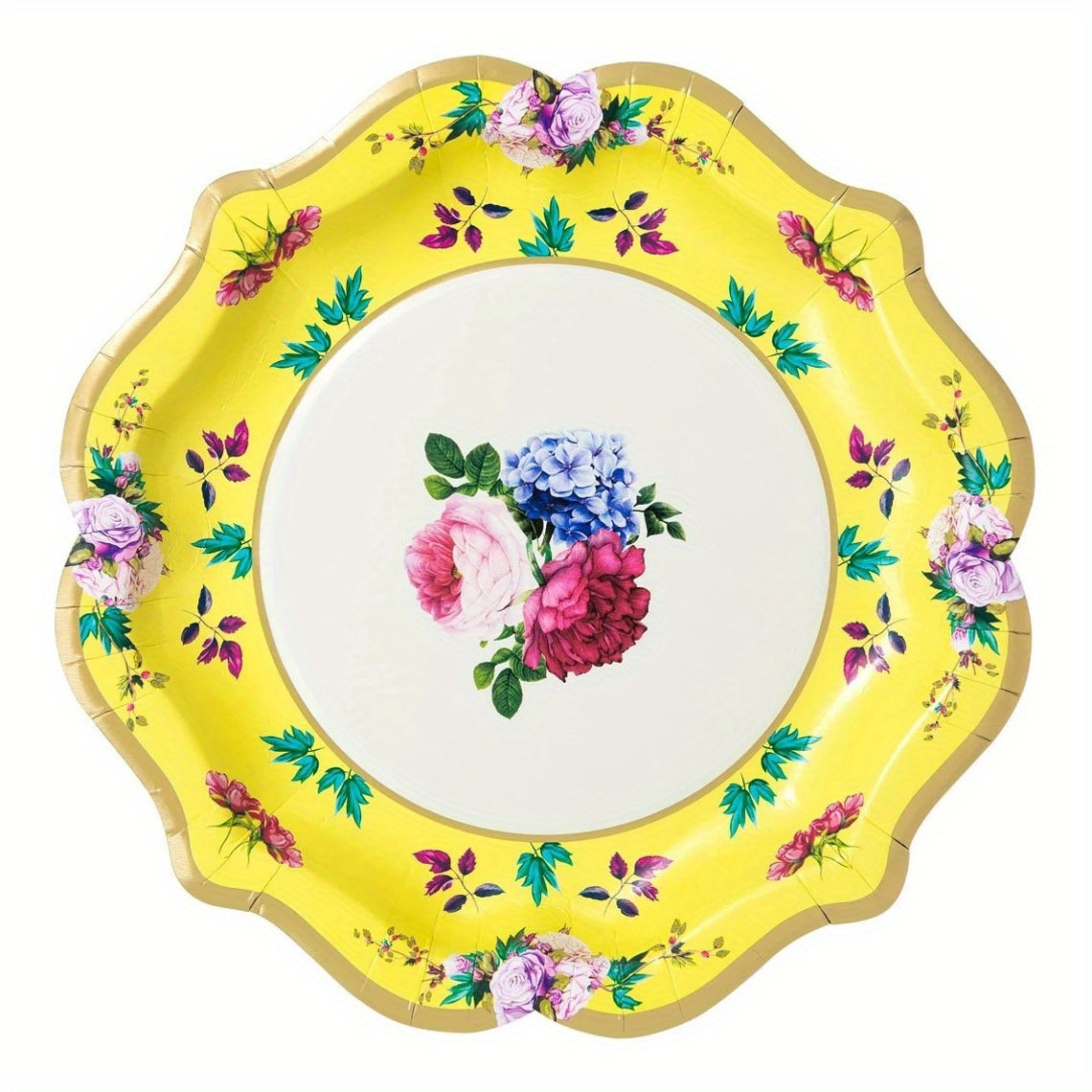 8PCs Chinese Style Flower Yellow Paper Plates 8.6 inch Party Dessert Dinner Plate