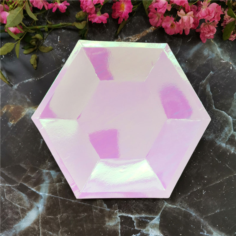 8PCs Pink Pearl Color Hexagon Paper Plates Disposable Dessert Dinner Large Mini Plate