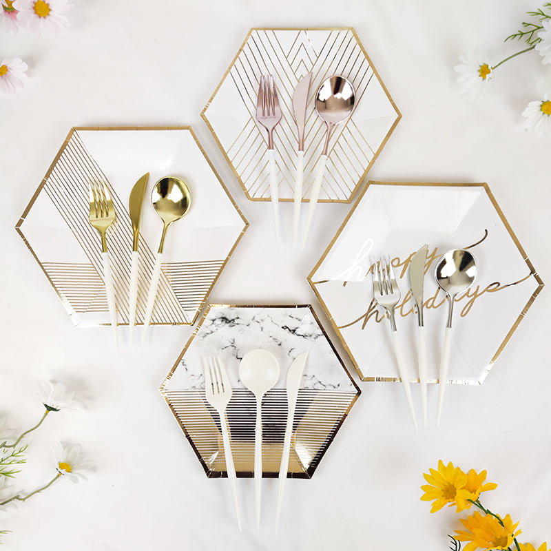 Golden Plastic Silverware Cutlery Set Disposable Dinnerware Forks Spoons Knives Party Supplies