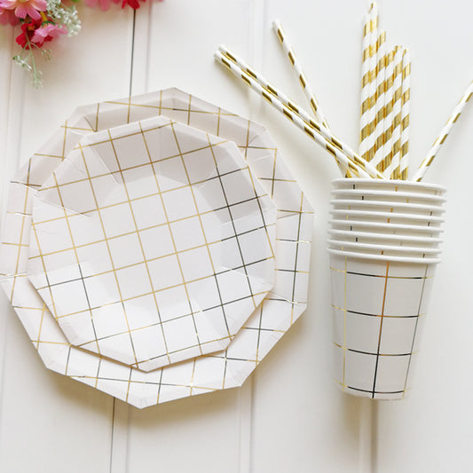 Gilding Checks Decagon Disposable Paper Tableware Set Birthday Wedding Decoration Paper Plates Cups Party Supplies
