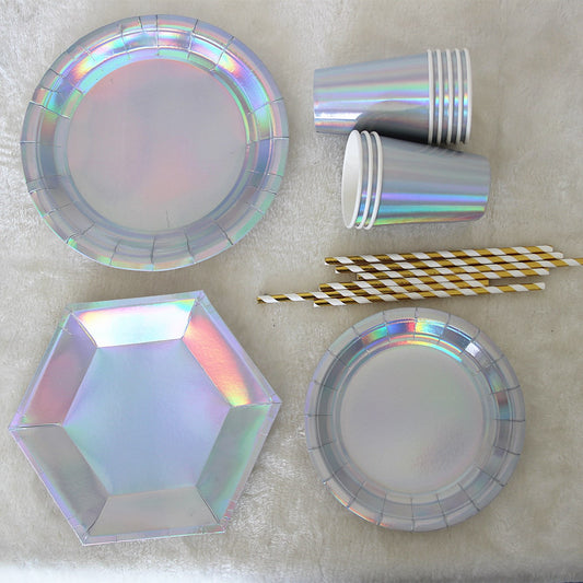 Laser Silver Color Paper Disposable Tableware Set Plates Cups Napkins Party Supplies