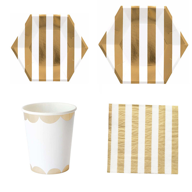 Golden Striped Hexagon Party Plates and Cups and Napkins Sets Disposable Tableware Set for 8