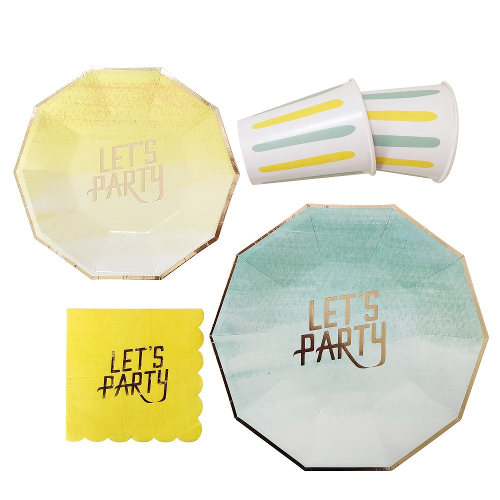 Summer Theme Green Yellow Disposable Tableware Set for 8 Paper Plates Cups Party Supplies