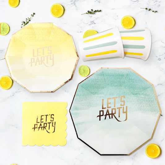 Summer Theme Green Yellow Disposable Tableware Set for 8 Paper Plates Cups Party Supplies