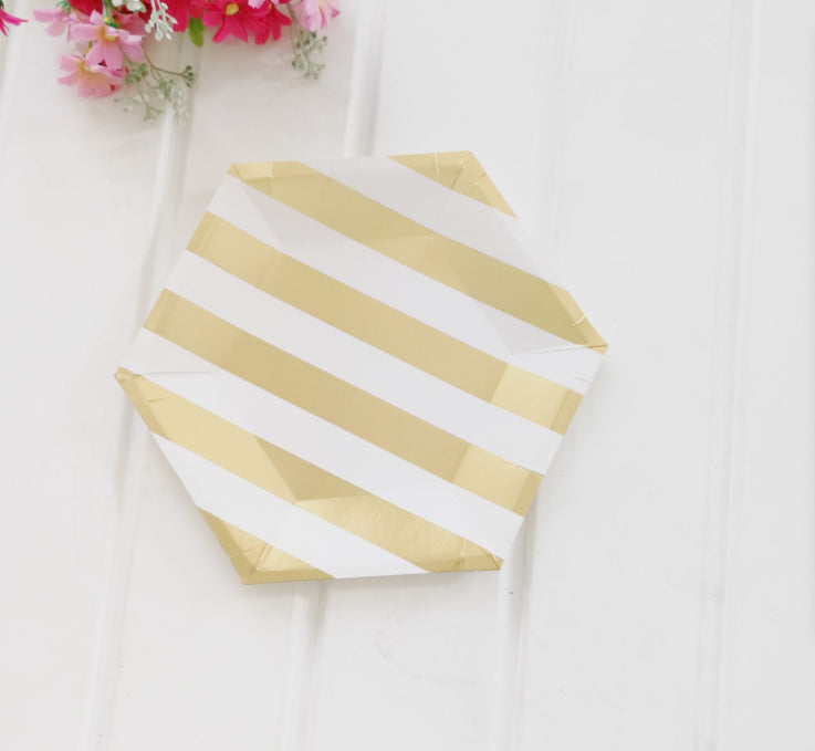 8PCs 8 inch Stripe Paper Plates for Picnic Dinner Party Wedding Disposable Hexagon Plate