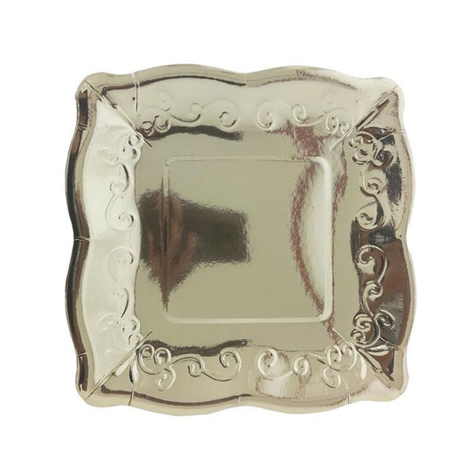 8PCs Golden Square Luncheon Dinner Serving Paper Plates Disposable Embossed Floral Retro Party Plate