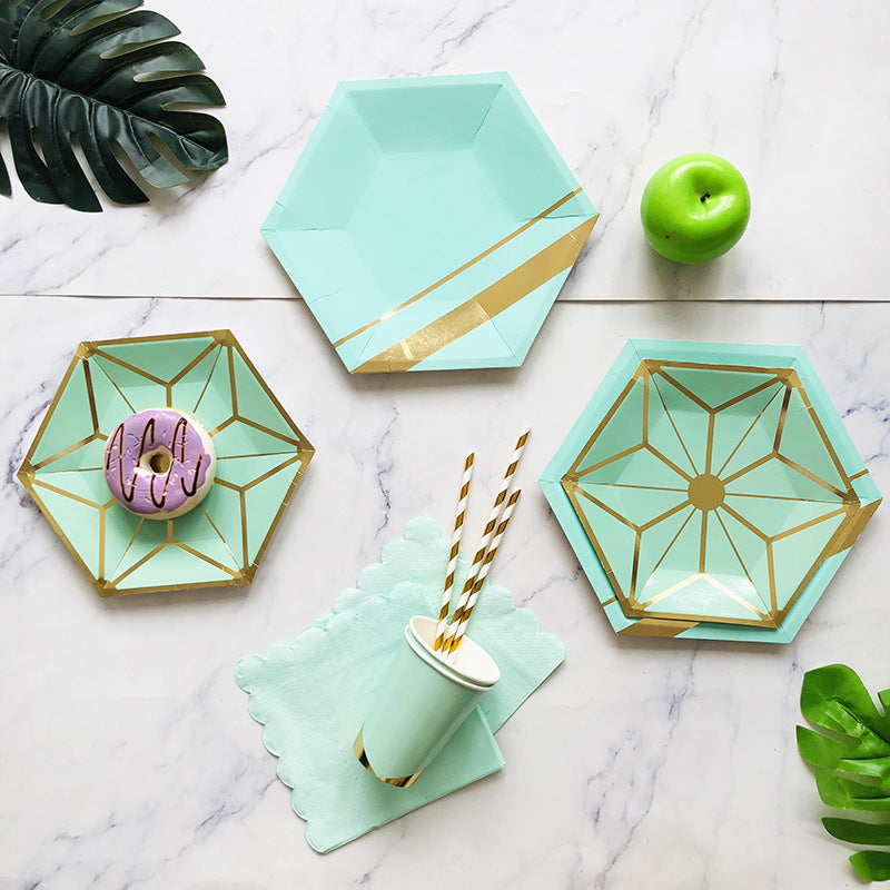 8PCs Green Gilding Hexagon Paper Plates 10 inch